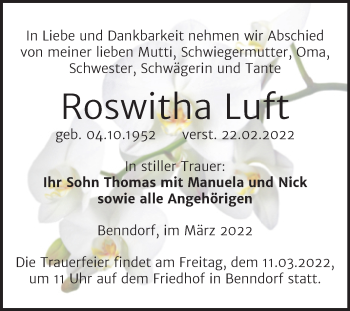 Traueranzeige von Roswitha Luft von Trauerkombi Mansfelder Land