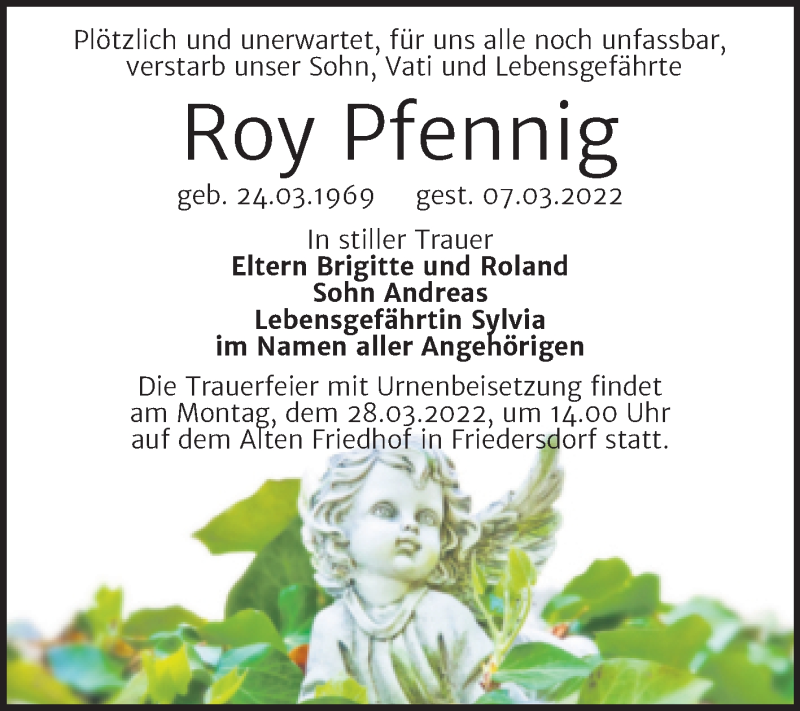  Traueranzeige für Roy Pfennig vom 12.03.2022 aus Trauerkombi Bitterfeld