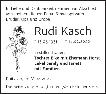 Traueranzeige von Rudi Kasch von Trauerkombi Bitterfeld