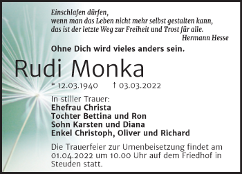Traueranzeige von Rudi Monka von Mitteldeutsche Zeitung Halle/Saalkreis