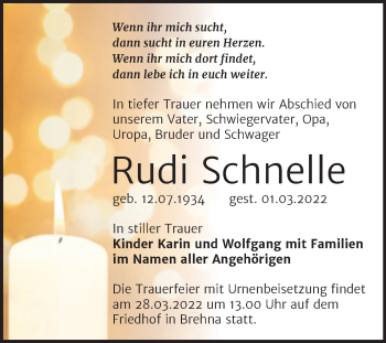 Traueranzeige von Rudi Schnelle von Trauerkombi Bitterfeld