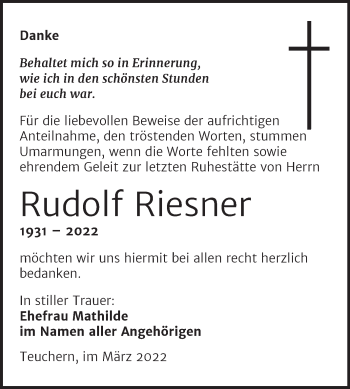 Traueranzeige von Rudolf Riesner von Trauerkombi Weißenfels