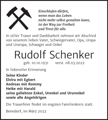 Traueranzeige von Rudolf Schenker von Trauerkombi Mansfelder Land