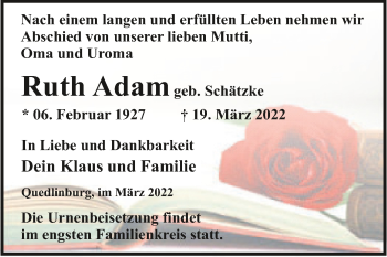 Traueranzeige von Ruth Adam von Trauerkombi Quedlinburg