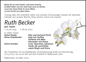 Traueranzeige von Ruth Becker von Trauerkombi Quedlinburg