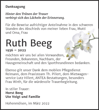 Traueranzeige von Ruth Beeg von Trauerkombi Weißenfels