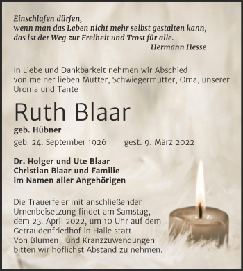 Traueranzeige von Ruth Blaar von Mitteldeutsche Zeitung Halle/Saalkreis