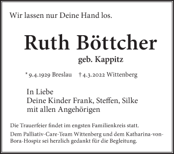 Traueranzeige von Ruth Böttcher von Trauerkombi Wittenberg