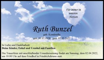 Traueranzeige von Ruth Bunzel von Trauerkombi Quedlinburg