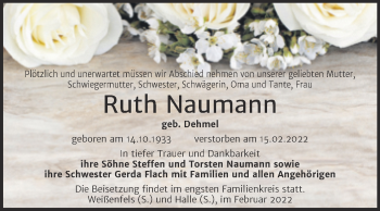 Traueranzeige von Ruth Naumann von Trauerkombi Weißenfels