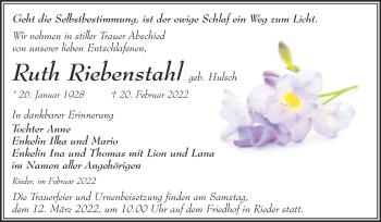 Traueranzeige von Ruth Riebenstahl von Trauerkombi Quedlinburg