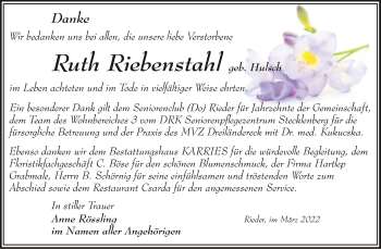 Traueranzeige von Ruth Riebenstahl von Trauerkombi Quedlinburg