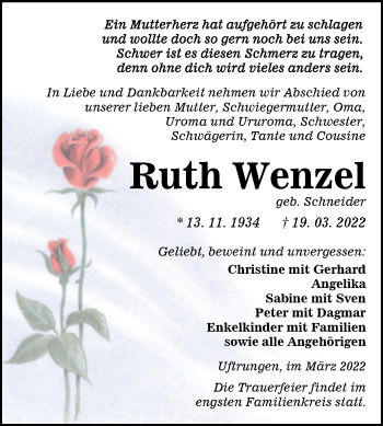 Traueranzeige von Ruth Wenzel von Trauerkombi Sangerhausen