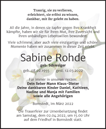 Traueranzeige von Sabine Rohde von Trauerkombi Mansfelder Land