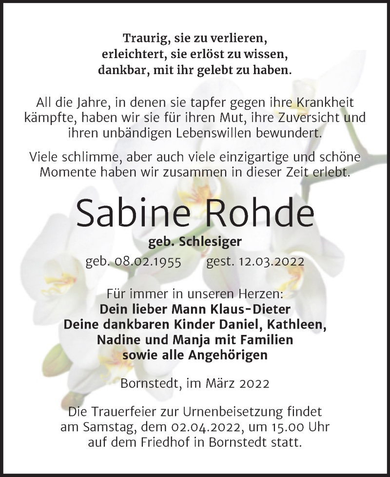  Traueranzeige für Sabine Rohde vom 25.03.2022 aus Trauerkombi Mansfelder Land