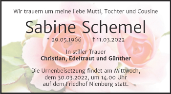Traueranzeige von Sabine Schemel von Trauerkombi Bernburg