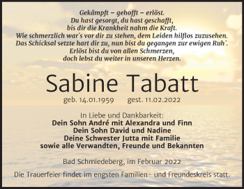 Traueranzeige von Sabine Tabatt von Trauerkombi Wittenberg