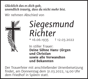 Traueranzeige von Siegesmund Richter von Trauerkombi Bitterfeld