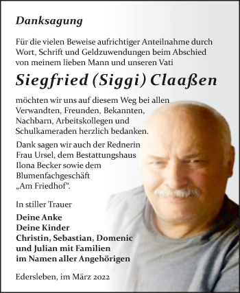 Traueranzeige von Siegfried Claaßen von Trauerkombi Sangerhausen