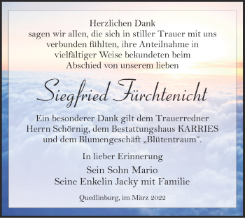 Traueranzeige von Siegfried Fürchtenicht von Trauerkombi Quedlinburg