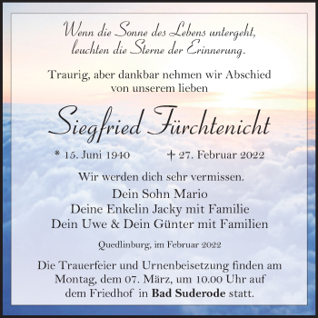 Traueranzeige von Siegfried Fürchtenicht von Trauerkombi Quedlinburg