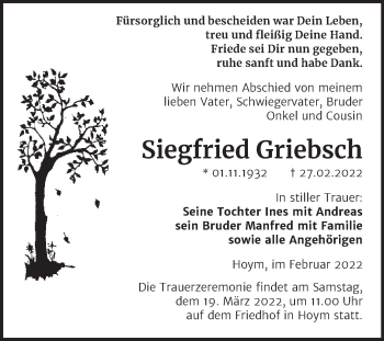 Traueranzeige von Siegfried Griebsch von Trauerkombi Aschersleben