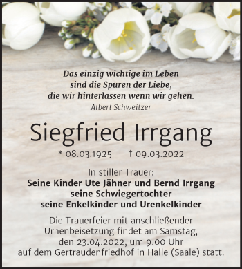 Traueranzeige von Siegfried Irrgang von Mitteldeutsche Zeitung Halle/Saalkreis