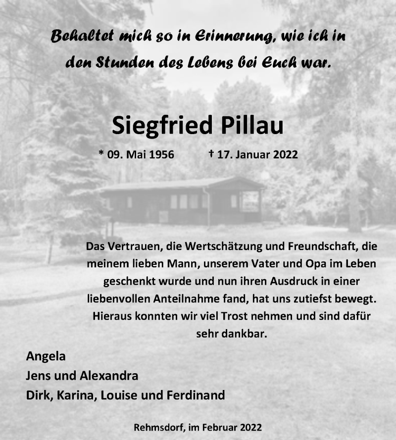  Traueranzeige für Siegfried Pillau vom 12.03.2022 aus Super Sonntag Zeitz
