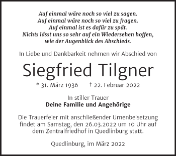 Traueranzeige von Siegfried Tilgner von Trauerkombi Quedlinburg