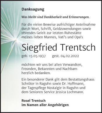 Traueranzeige von Siegfried Trentsch von Trauerkombi Bitterfeld