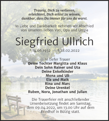 Traueranzeige von Siegfried Ullrich von Trauerkombi Wittenberg