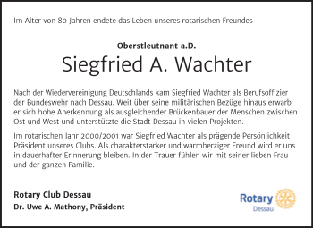 Traueranzeige von Siegfried A. Wachter von Mitteldeutsche Zeitung Dessau-Roßlau