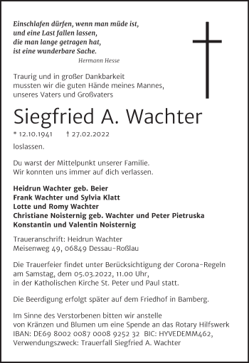 Traueranzeige von Siegfried A. Wachter von Mitteldeutsche Zeitung Dessau-Roßlau