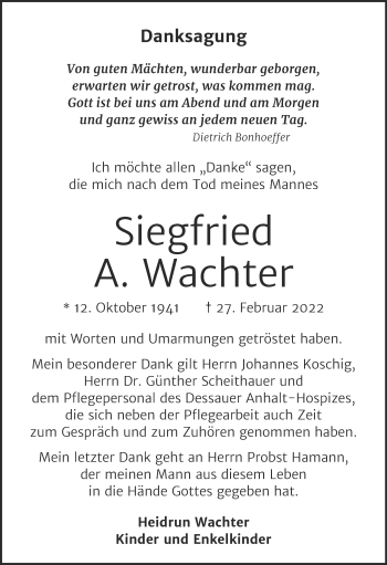 Traueranzeige von Siegfried A. Wachter von Trauerkombi Dessau