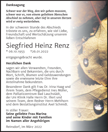 Traueranzeige von Siegfried Heinz Renz von Wochenspiegel Naumburg/Nebra
