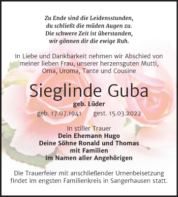 Traueranzeige von Sieglinde Guba von Trauerkombi Sangerhausen