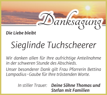 Traueranzeige von Sieglinde Tuchscheerer von Trauerkombi Bitterfeld