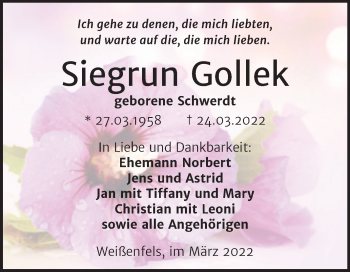 Traueranzeige von Siegrun Gollek von Trauerkombi Weißenfels