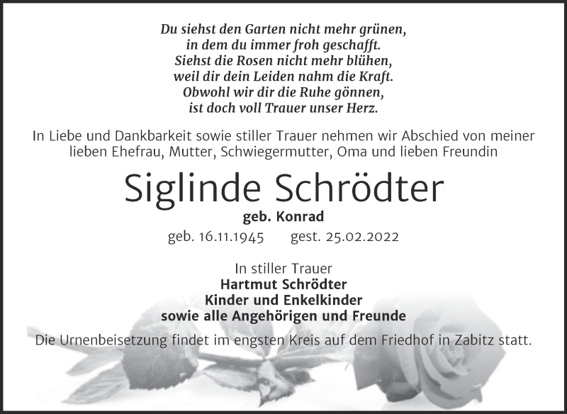  Traueranzeige für Siglinde Schrödter vom 03.03.2022 aus Trauerkombi Köthen