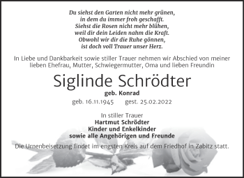 Traueranzeige von Siglinde Schrödter von Trauerkombi Köthen