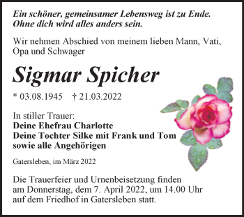 Traueranzeige von Sigmar Spicher von Trauerkombi Aschersleben