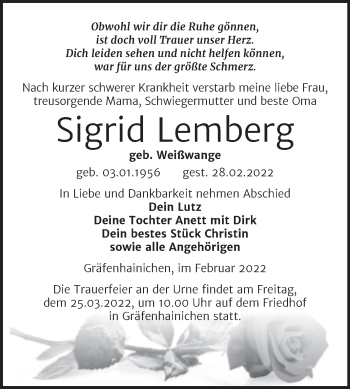 Traueranzeige von Sigrid Lemberg von Trauerkombi Wittenberg