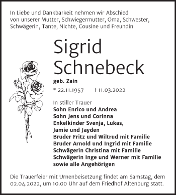 Traueranzeige von Sigrid Schnebeck von Trauerkombi Bernburg