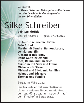 Traueranzeige von Silke Schreiber von Trauerkombi Sangerhausen