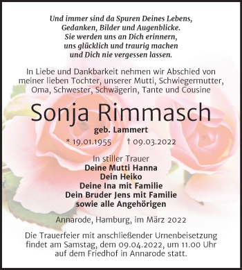 Traueranzeige von Sonja Rimmasch von Trauerkombi Mansfelder Land