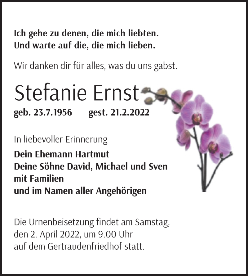  Traueranzeige für Stefanie Ernst vom 19.03.2022 aus Mitteldeutsche Zeitung Halle/Saalkreis