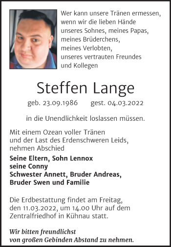 Traueranzeige von Steffen Lange von Mitteldeutsche Zeitung Dessau-Roßlau