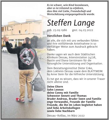 Traueranzeige von Steffen Lange von Trauerkombi Dessau