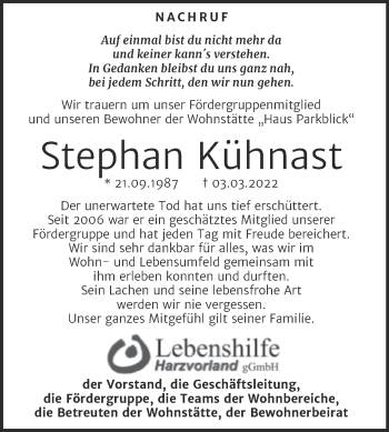 Traueranzeige von Stephan Kühnast von Super Sonntag Mansfelder Land