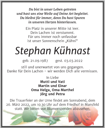Traueranzeige von Stephan Kühnast von Trauerkombi Mansfelder Land